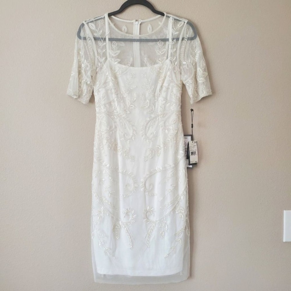 NWT HANDED-BEADED ILLUSION MIDI-LENGTH SHEATH COCKTAIL DRESS Adrianna Papell